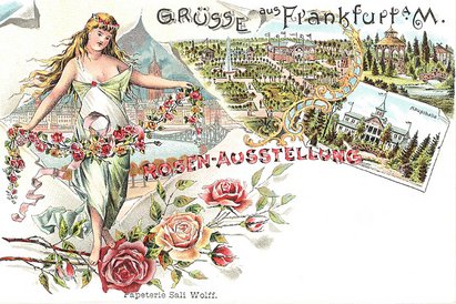 Eine Postkarte der Papeterie Sali Wolff. Darauf ist eine junge Frau mit langen blonden Haaren abgebildet. Sie hält aneinandergereihte Rosen in den Händen. Unter ihr steht „Rosen-Ausstellung“. Darunter sind drei große Rosenblüten abgebildet. Hinter der Frau sind Teile Frankfurts und weitere Teile des Palmengartens abgebildet.